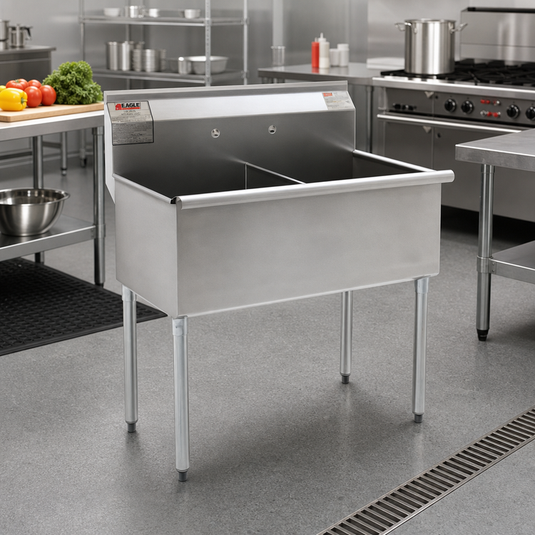 Product image #2 for Eagle Group Two-Compartment Utility Sink, 37-3/8 Inch Wide, 16-Gauge 430 Stainless Steel, Floor Model with 8-Inch Backsplash