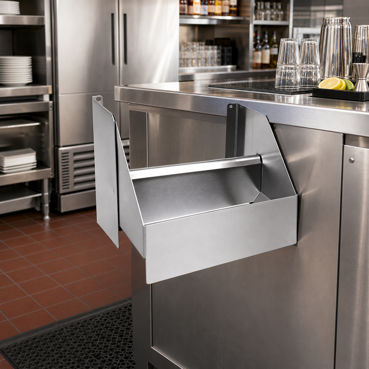 Product image #2 for CHOICE by Glastender Clip-On Dry Waste Rail for Double Speed Rail, 12" W x 10" D, Stainless Steel