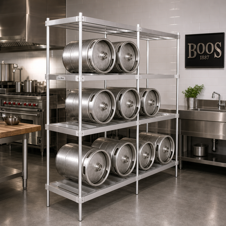 Product image #2 for John Boos 3-Shelf Aluminum Keg Rack, 72 Inch W x 20 Inch D x 76 Inch H, 8-Keg Capacity
