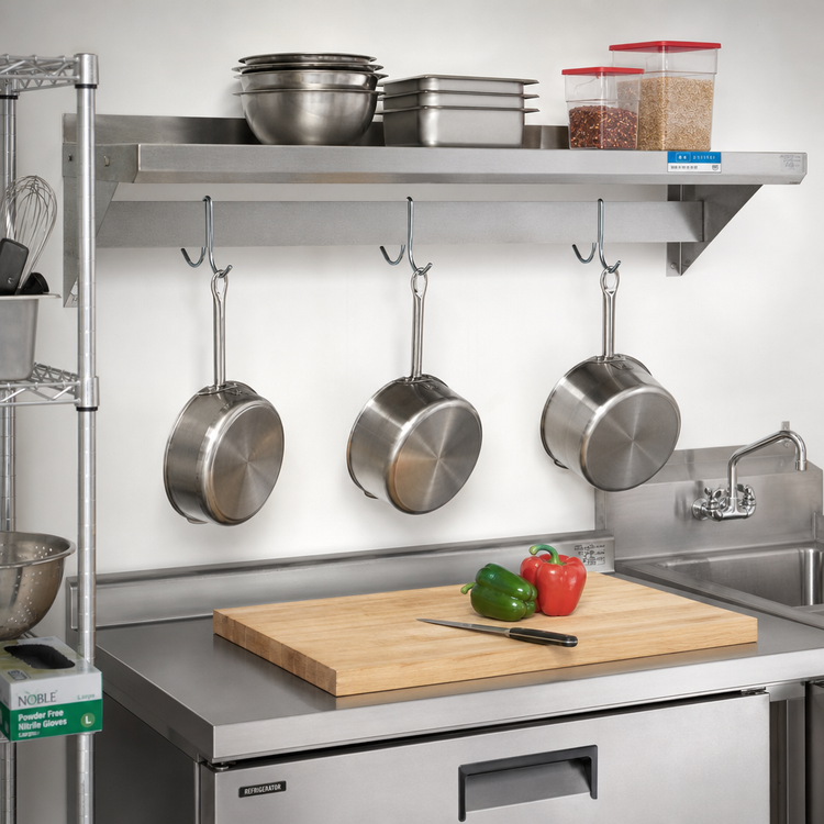 Product image #2 for BK Resources Economy Wall-Mount Stainless Steel Overshelf with Pot Rack, 72-Inch x 12-Inch