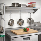 Thumbnail image #2 for BK Resources BKWSE-1272-PR Economy Wall-Mounted Stainless Steel Overshelf with Pot Rack, 72"W x 12"D, 18-Gauge, 7 Hooks