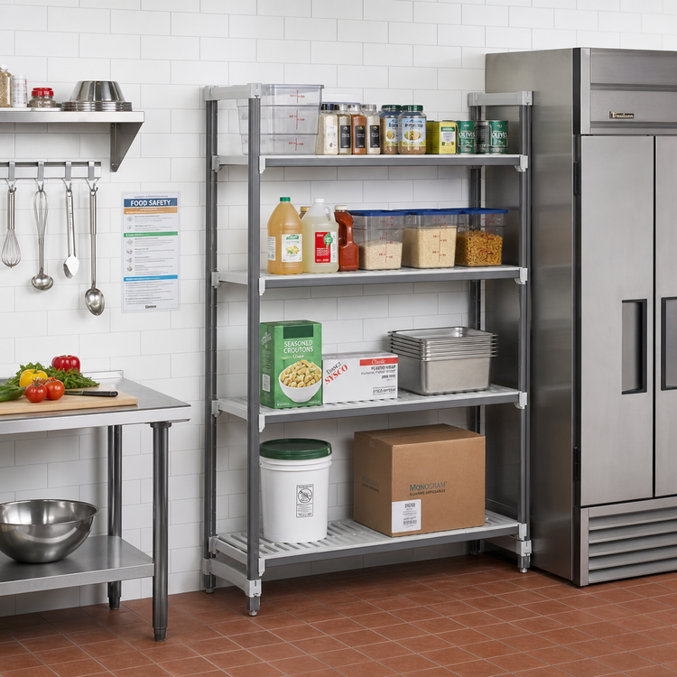 Product image #2 for Cambro Camshelving Elements XTRA 42 Inch Wide x 21 Inch Deep x 84 Inch High Stationary Add-On Polymer Shelving Unit, 4-Tier, Vented and Solid, Speckled Gray