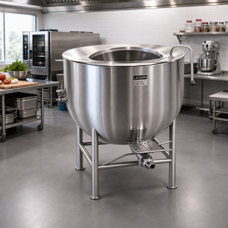 Product image #2 for Legion LT-60 60-Gallon Stationary Direct Steam Kettle with 2/3 Jacket and Tri-Leg Base