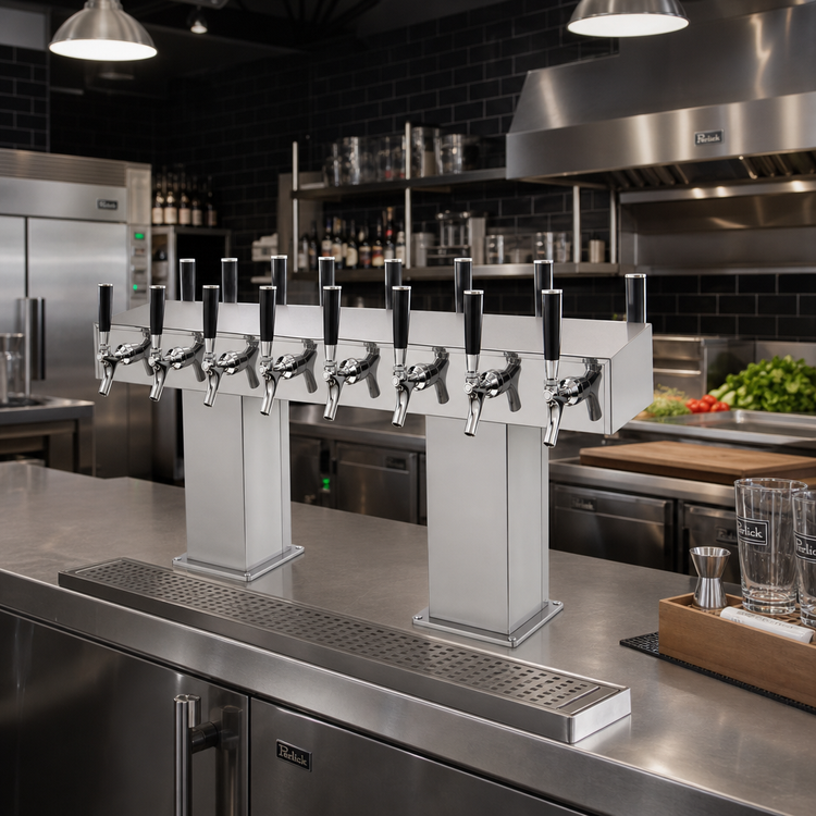 Product image #2 for Perlick Extra High Back-to-Back Bridge Tee Countertop Glycol-Cooled Draft Beer Tower, 24 Faucets, Stainless Steel