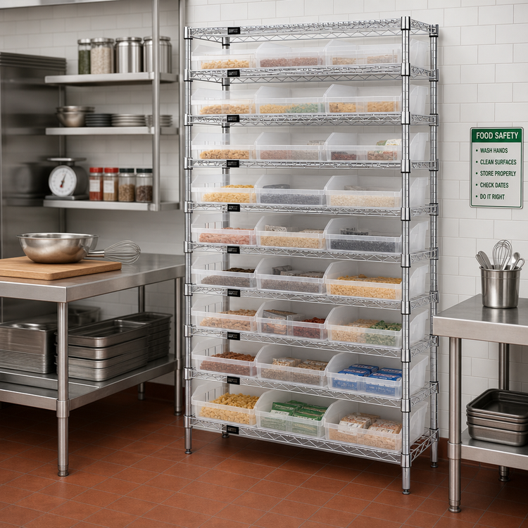Product image #2 for Quantum 36 Inch W x 18 Inch D x 74 Inch H Chrome Plated Stationary Bin Wire Shelving System with 33 Clear Bins
