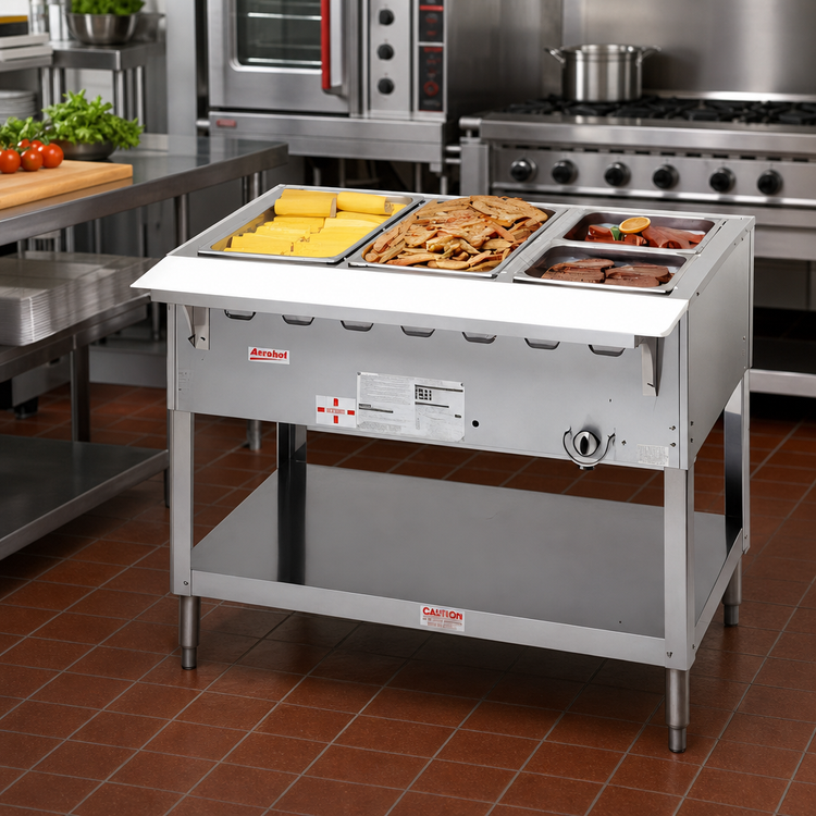 Product image #2 for Aerohot 44-3/8 Inch Gas Wet Bath Steam Table with 3 Pan Capacity, Open Base and Undershelf