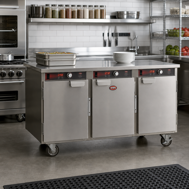 Product image #2 for FWE Handy Line Mobile 3-Compartment Heated Holding Cabinet, Undercounter Height, 3 Solid Doors
