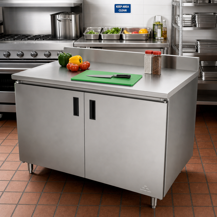 Product image #2 for Advance Tabco Special Value Series Economy Enclosed Work Table with Cabinet Base and Sliding Doors, 60 x 24 Inches, 16 Gauge 304 Stainless Steel Top, 5-Inch Backsplash