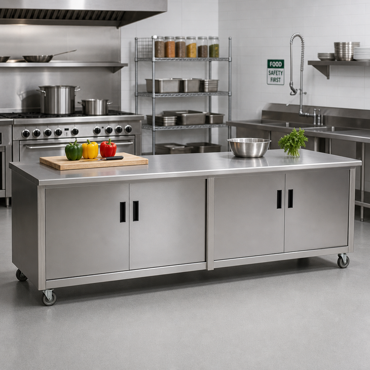 Product image #2 for Advance Tabco Special Value Series 96 Inch x 30 Inch Enclosed Work Table with Cabinet Base, Hinged Doors, and 16 Gauge 304 Stainless Steel Top