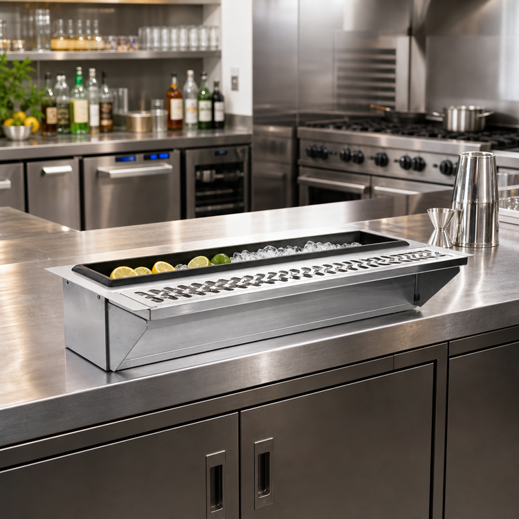 Product image #2 for Glastender DI-MDR30 Drop-In Stainless Steel Mixology Well & Drink Rail, 30-Inch Wide