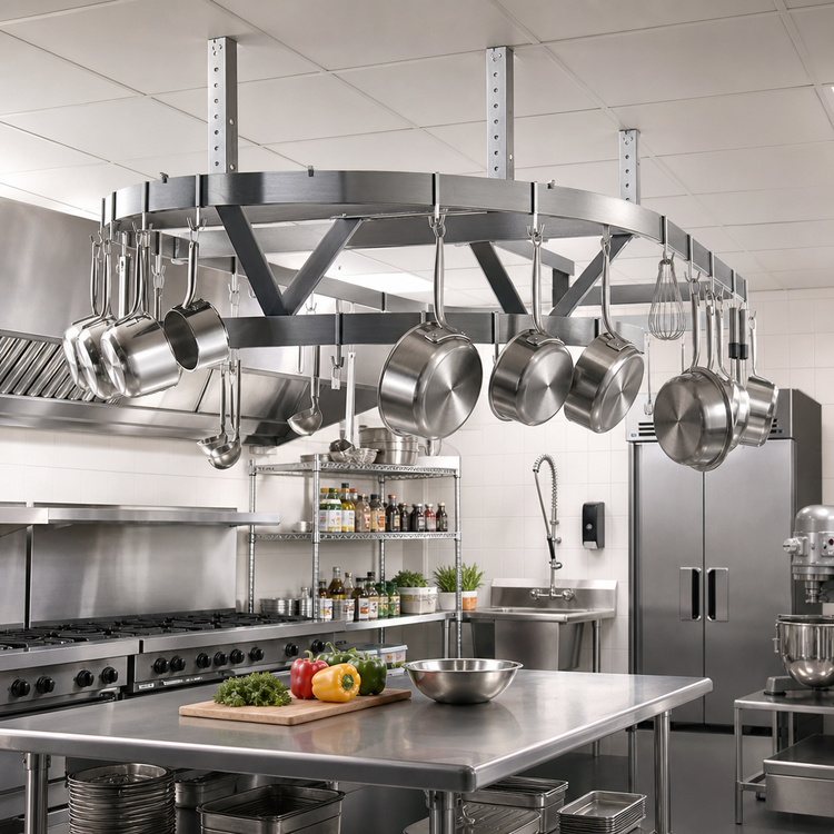 Product image #2 for Advance Tabco SC-108 Ceiling-Mounted Triple-Bar Stainless Steel Pot Rack, 108 Inch Wide