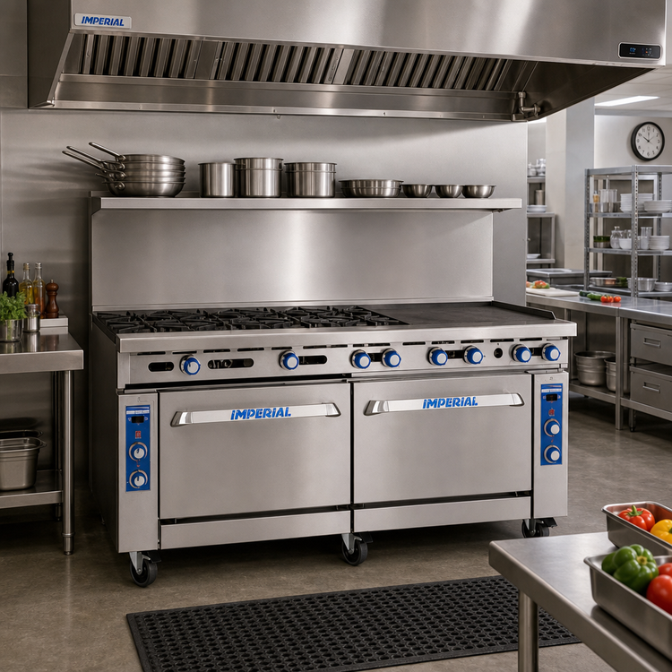 Product image #2 for Imperial Pro Series 72-Inch Gas Restaurant Range with 8 Open Burners, 24-Inch Griddle, and 2 Standard Ovens
