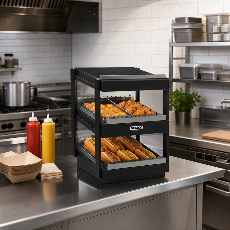 Product image #2 for Nemco Countertop Dual-Shelf Hot Food Merchandiser, 18-Inch Wide, Slanted Shelves, Black Powder Coat