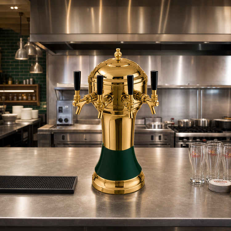 Product image #2 for Roma Single-Column Countertop Glycol-Cooled 4-Faucet Draft Beer Tower with Gold-Tone Brass Body and Green Ceramic Skirt