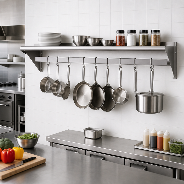 Product image #2 for Advance Tabco Wall-Mounted Shelf with Pot Rack, 108 Inch x 12 Inch, Stainless Steel