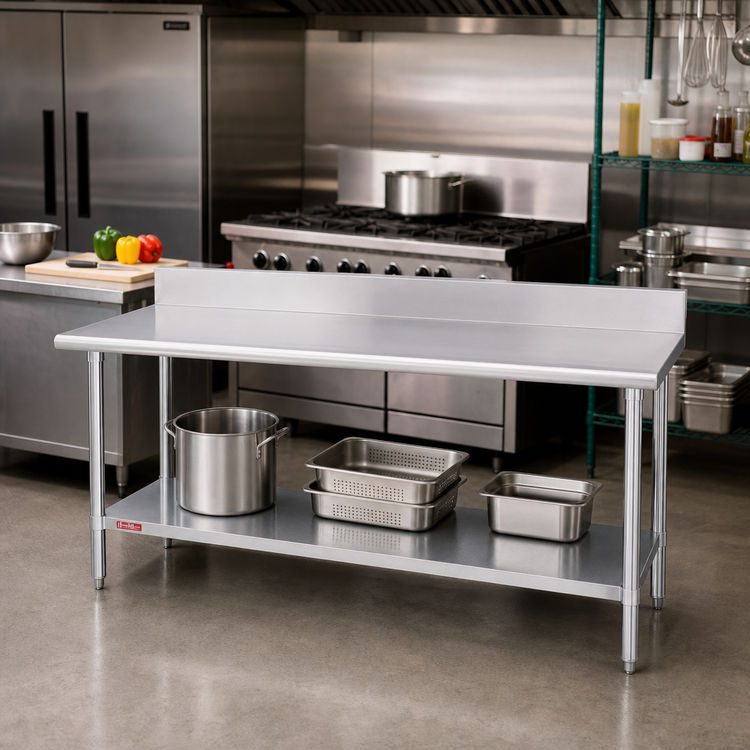 Product image #2 for Duke 84-Inch Wide x 30-Inch Deep Stainless Steel Work Table with 5-Inch Rear Riser and Galvanized Undershelf