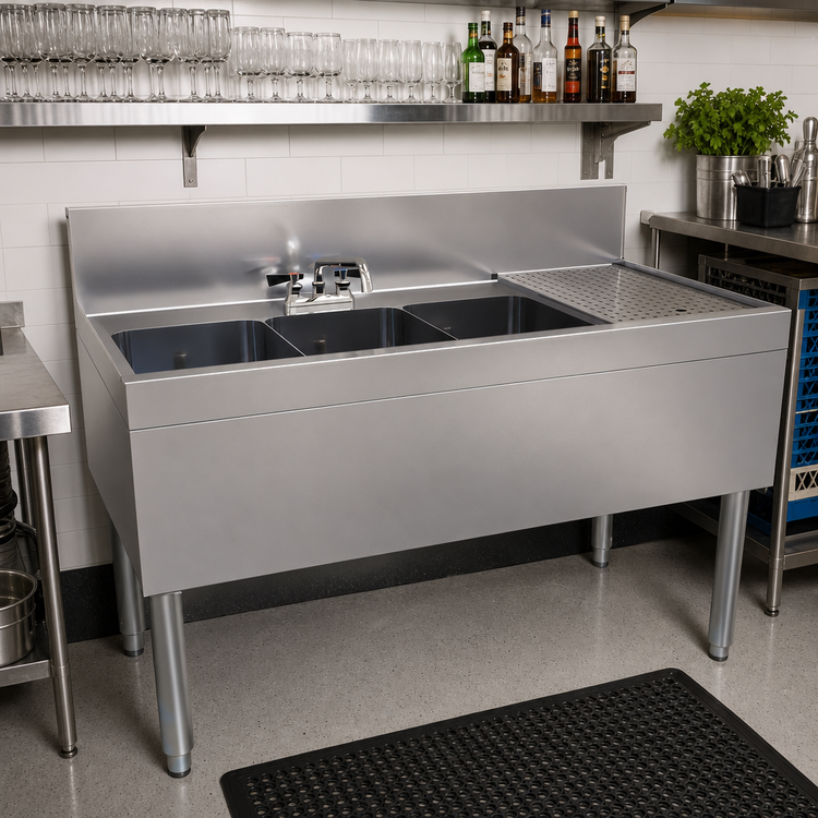 Product image #2 for Three-Compartment Underbar Sink Unit with Right Drainboard, 48 Inch W x 24 Inch D