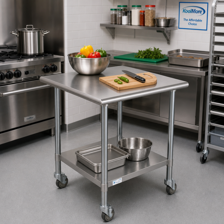 Product image #2 for KoolMore 30 x 30 Inch 18-Gauge 304 Stainless Steel Corner Work Table with Undershelf and Locking Casters