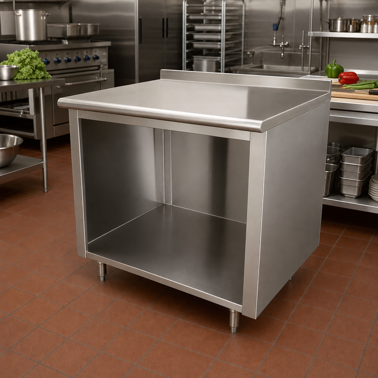 Product image #2 for Advance Tabco 72-Inch x 36-Inch 14-Gauge 304 Stainless Steel Work Table with Open Front Cabinet Base and 1-1/2-Inch Rear Up-Turn
