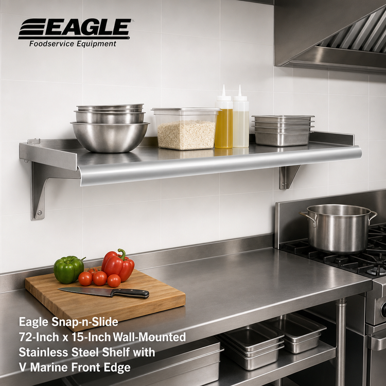 Product image #2 for Eagle Snap-n-Slide 72-Inch x 15-Inch Wall-Mounted Stainless Steel Shelf with V Marine Front Edge