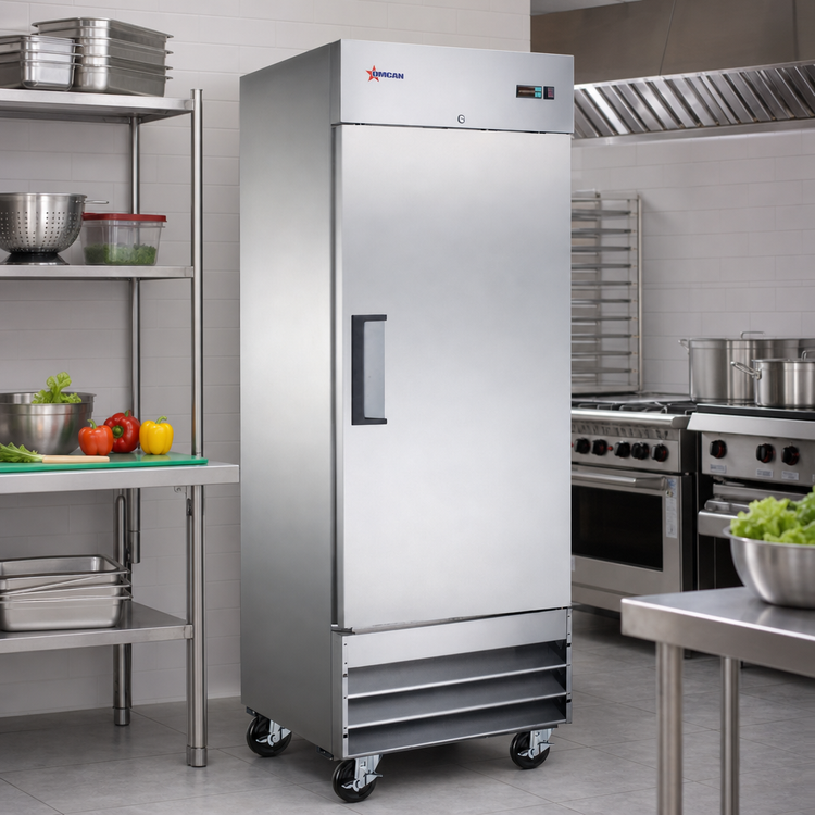 Product image #2 for Omcan 23 Cu. Ft. One-Section Reach-In Refrigerator with 1 Solid Door and Bottom-Mount Self-Contained Refrigeration