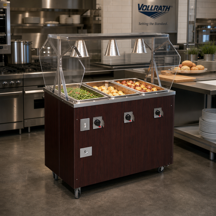 Product image #2 for Vollrath 2-Series Affordable Portable 3-Well Mobile Hot Food Station with Buffet Breath Guard and Storage Doors, Cherry Woodgrain, 120V