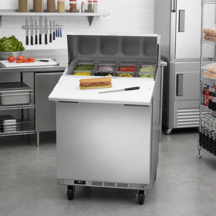 Product image #3 for Beverage-Air 27-Inch One-Section Sandwich Top Refrigerated Prep Table, 1 Door, 8-Pan Top, 17-Inch Cutting Board