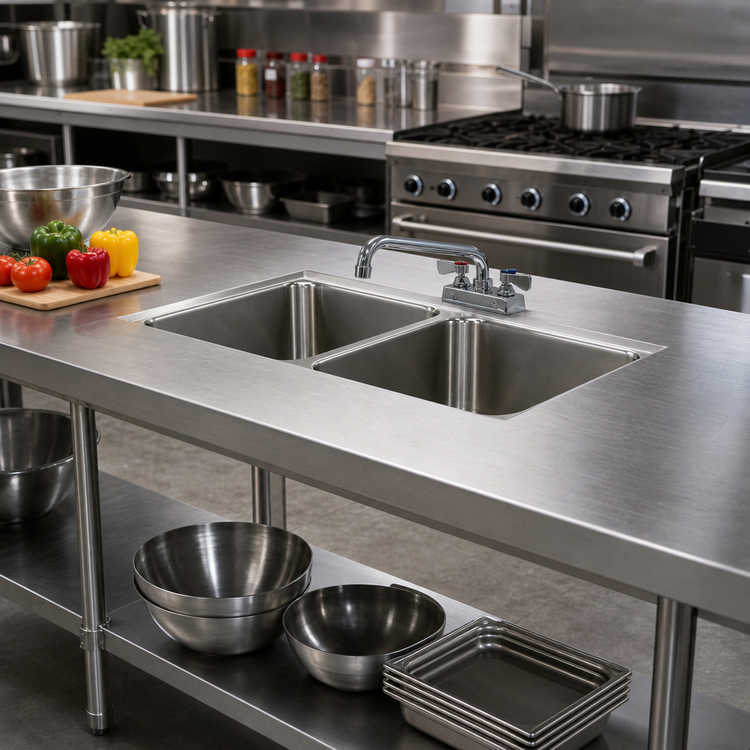 Product image #2 for Advance Tabco TA-11B-2 Double Bowl Welded Sink Into Table Top with Faucet, 16" x 20" x 12" Bowls