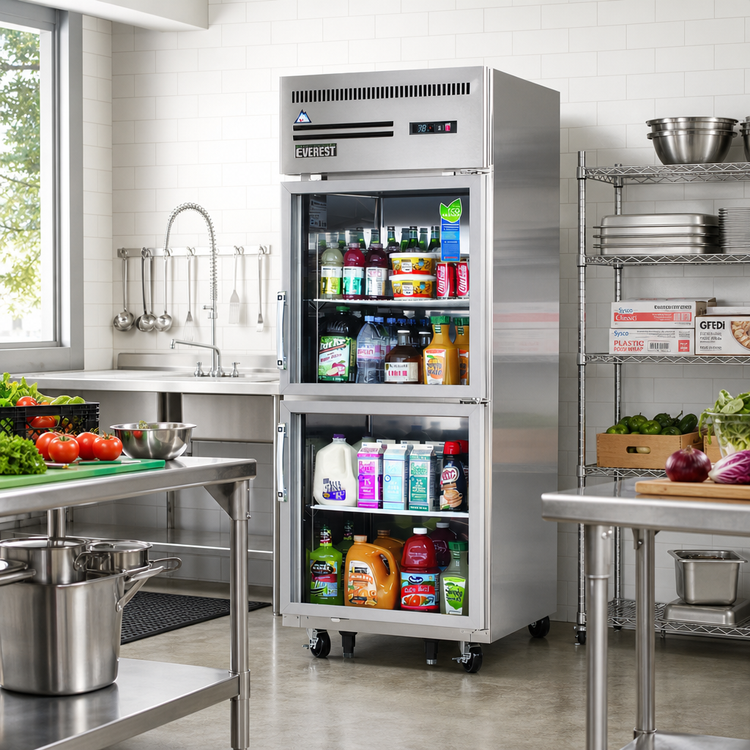 Product image #2 for Everest Refrigeration Upright Reach-In Refrigerator with 2 Half Glass Doors, 23 Cu. Ft., Top-Mounted, Stainless Steel
