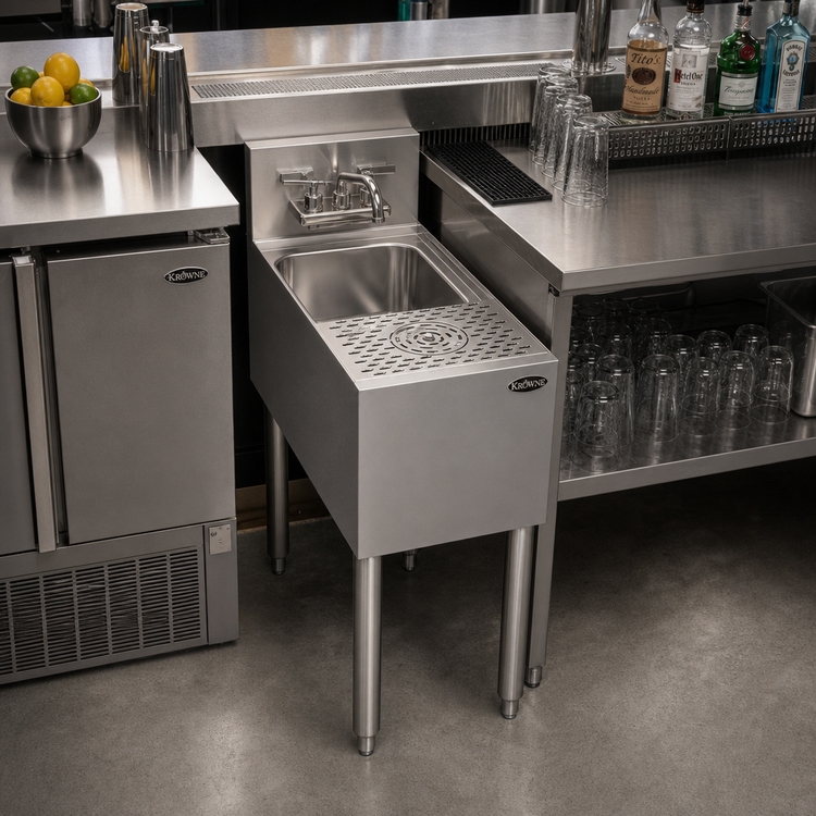 Product image #2 for Krowne Royal Series Stainless Steel 12-Inch Wide x 24-Inch Deep Underbar Speed Unit with Sink Bowl and Glass Rinser