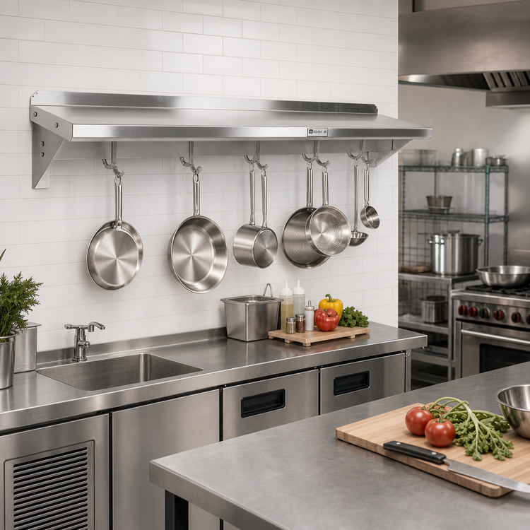 Product image #2 for John Boos Stallion Wall-Mount Stainless Steel Pot Rack Shelf with 9 Hooks