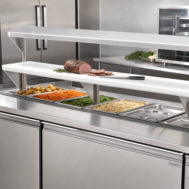Product image #2 for Advance Tabco Triumph Supreme Stainless Steel Carving Station Shelf with Removable 3/8-Inch White Poly Cutting Board, 62-7/16 Inches x 12 Inches, For 4-Well Hot & Cold Food Units