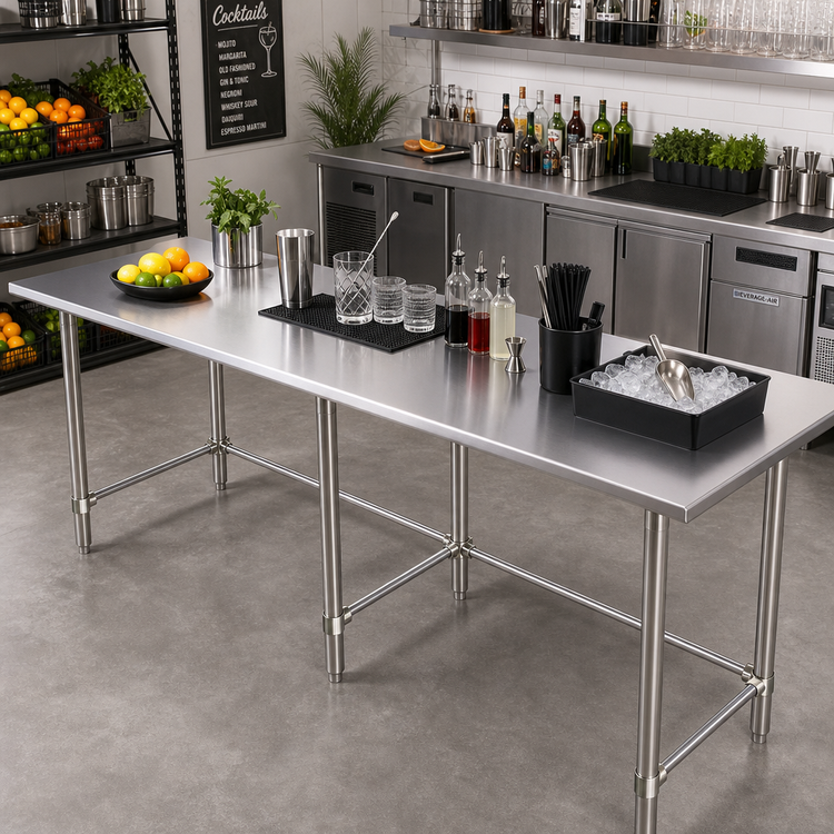 Product image #2 for 108-Inch x 36-Inch Stainless Steel Reinforced Top Work Table for Cocktail Stations