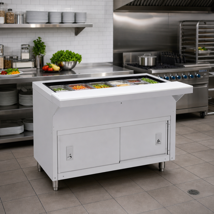 Product image #2 for Advance Tabco Triumph Supreme Heavy Duty Ice-Cooled 6-Pan Serving Counter with Sliding Doors