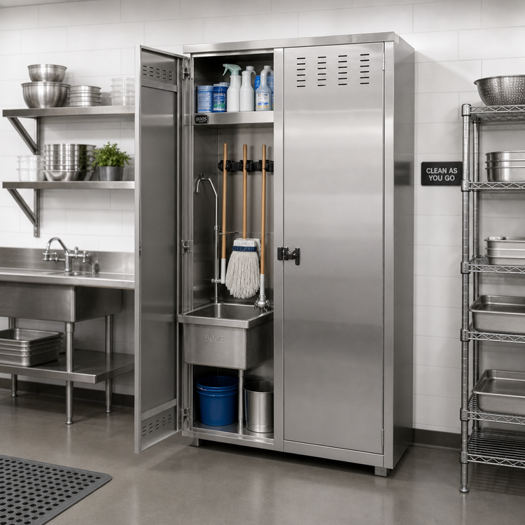 Product image #3 for John Boos Left-Hand Stainless Steel Janitor Cabinet with Integrated Mop Sink and Storage, 48W x 22-1/2D x 84H