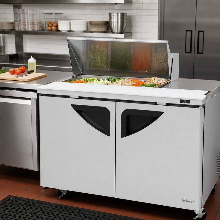 Product image #2 for Turbo Air Super Deluxe 48 1/4-Inch Two-Section Refrigerated Sandwich/Salad Prep Table with 8-Pan Opening and 2 Doors