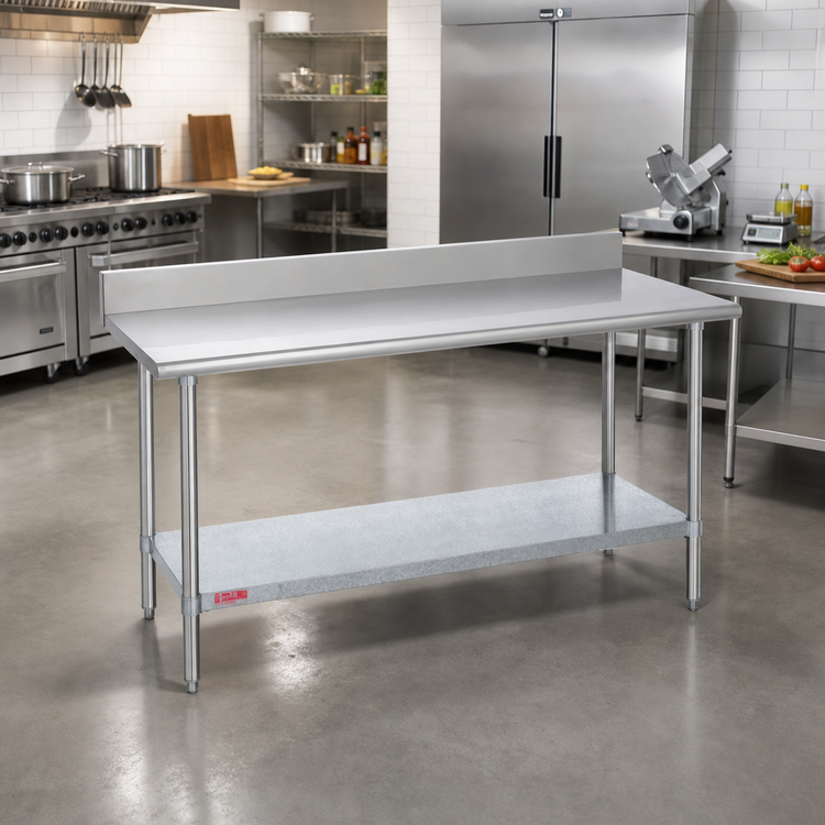 Product image #2 for Duke Manufacturing Supreme Series 48" x 36" 14-Gauge 300 Series Stainless Steel Work Table with 5" Riser and Galvanized Undershelf