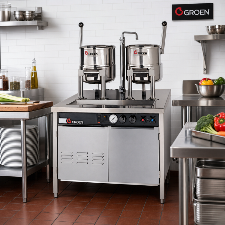 Product image #2 for Groen Electric Double 20-Quart Hand-Tilt Kettle Cabinet Assembly with 36-Inch Stainless Steel Base