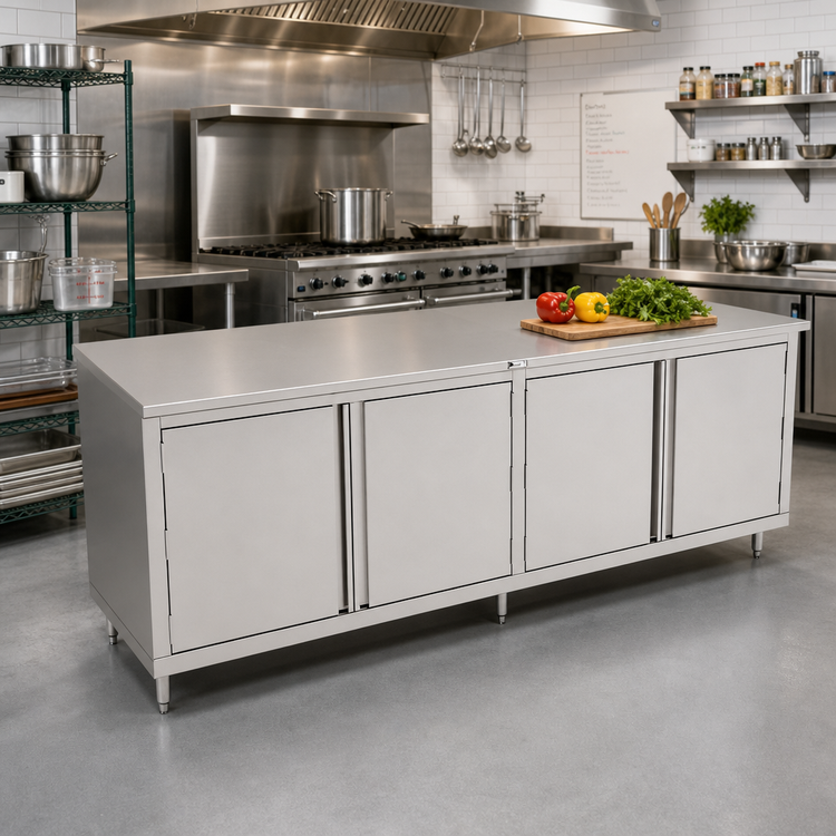 Product image #2 for Cabinet Base Enclosed Work Table with Hinged Doors, 120 x 36 Inches, 14-Gauge Stainless Steel Flat Top