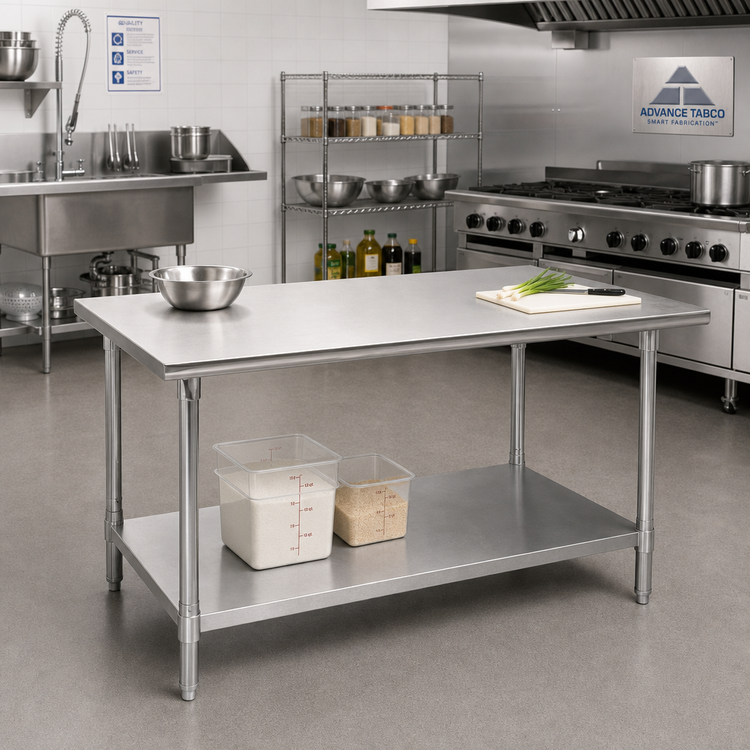 Product image #2 for Advance Tabco 84 Inch x 36 Inch Flat Top Work Table with Adjustable Galvanized Undershelf and Legs, 304 Stainless Steel Top