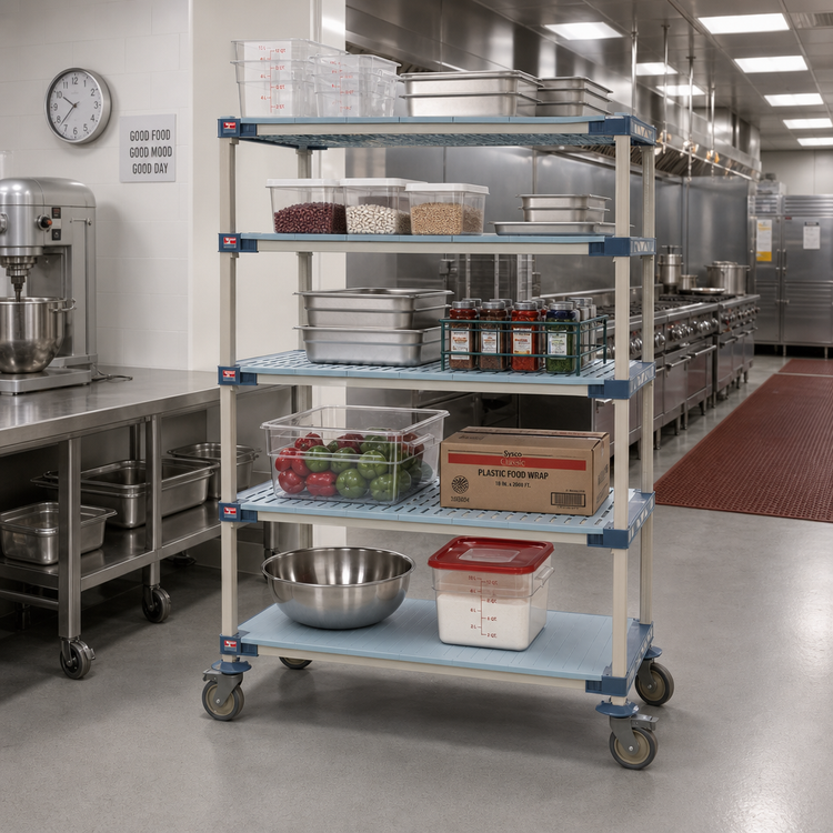 Product image #2 for MetroMax 4 5-Tier Mobile Polymer Shelving Starter Unit with 4 Open Grid Shelves and 1 Solid Shelf, 36 x 18 x 80 Inches