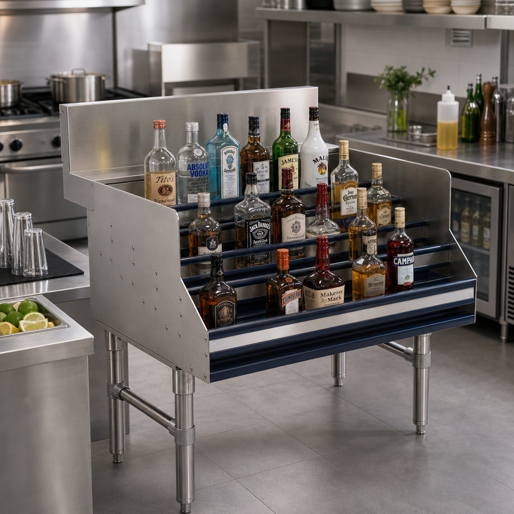 Product image #2 for Advance Tabco Prestige Supreme 5-Step Stainless Steel Freestanding Liquor Bottle Display Unit