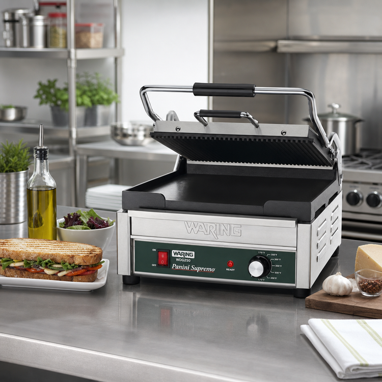 Product image #2 for Waring WDG250 Commercial Dual-Surface Electric Countertop Panini Grill with Ribbed Top and Flat Bottom Cast Iron Plates