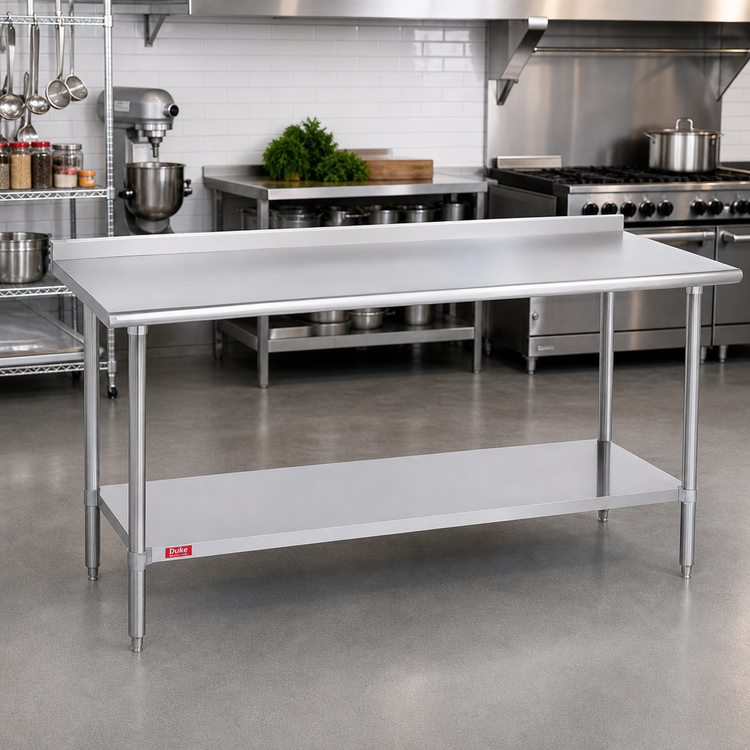 Product image #2 for Duke 84-Inch x 36-Inch 16-Gauge 300 Series Stainless Steel Work Table with 1-1/8-Inch Riser