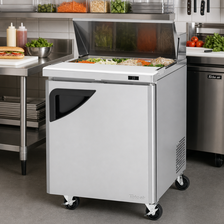 Product image #2 for Turbo Air Super Deluxe 27.5-Inch Wide Sandwich/Salad Prep Table, 1 Door, 8-Pan Opening, Rear-Mounted Self-Contained Refrigeration