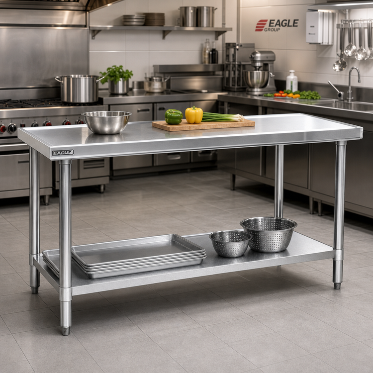 Product image #2 for Eagle Spec-Master Marine Series 144-Inch x 24-Inch 14-Gauge 300 Series Stainless Steel Work Table with Adjustable Galvanized Undershelf