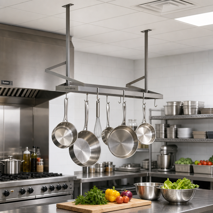 Product image #2 for John Boos Ceiling-Mounted Double-Bar Stainless Steel Pot Rack with 6 Double Hooks, 31-1/4 x 13-5/8 x 48 Inches