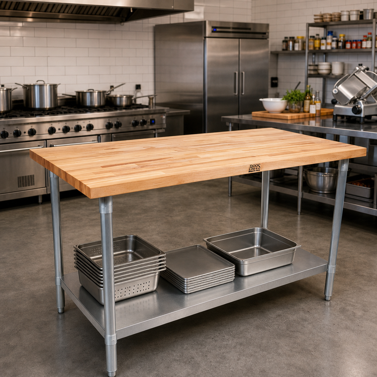 Product image #2 for John Boos TNS11 96" x 30" Wood Top Work Table with Stainless Steel Base and Adjustable Undershelf