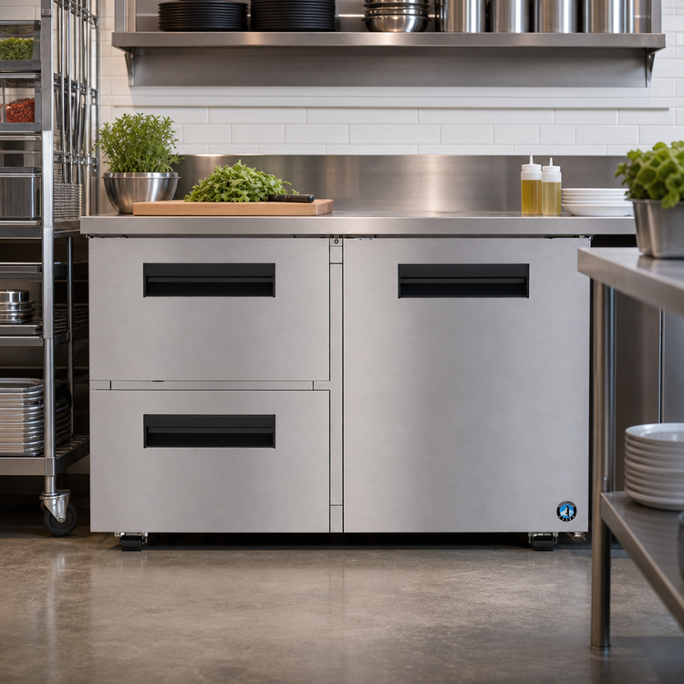 Product image #2 for Hoshizaki Steelheart 48-Inch Two-Section Undercounter Low Profile Refrigerator with One Door and Two Drawers