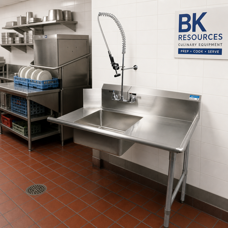 Product image #2 for BK Resources 26" Straight Soiled Dishtable with Pre-Rinse Sink and Faucet, Right-to-Left